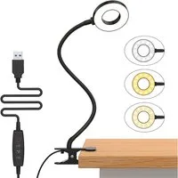 Rosnek LED Klemmleuchte Ringlicht, Clip-On, 3 Farben, dimmbar, für Kopfteil Büro Schreibtisch, 3000K Warmweiß, 4500K Naturweiß, 6500K Kaltweiß, flexibler Schwanenhals, USB