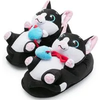 Corimori Katze Balou schwarz weiß, super warme Plüsch Hausschuhe (Packung, Geschenk) warme Tier-Pantoffeln Slipper, EU Einheitsgröße 34-44, Balou der Kater