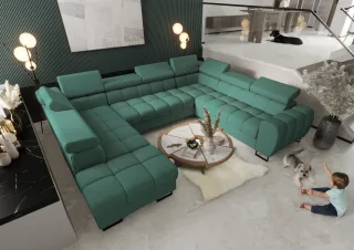 Wohnlandschaft Schlafsofa BASTIEN XL in Stoff Moly Grün Ottomane Links