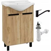 STAMAR Waschbeckenunterschrank Badmöbel Standschrank 50 cm mit Waschbecken Craft Eiche Gold Armatur Unterschrank stehend Keramik Siphon Set schwarz Armatur kompakt