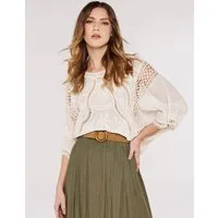 Apricot Spitzenshirt Top aus Baumwollmischung mit Häkelstickerei