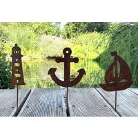 LB H&F Lilienburg Teichfigur 3er SET Maritime Deko maritim Dekoration Stecker Rost Leuchtturm, (Gartenteich wetterfest Roststecker Figur Metallstecker Geschenk Gartenliebhaber Gartenstecker Beetstecker Miniteich, rostig rostige Gartendeko Edelrost De