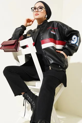Color-Blockierte Faux-Leder Oversized Bomberjacke