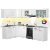 Vicco Winkelküche Rick, Weiß Hochglanz/Weiß, 267 x 167 cm, AP Marmor mit LED-Leisten