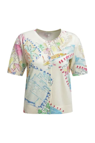 Milano Italy - roundneck cardigan w placket + 3/4 sleeve light blue print - Gr. - XL