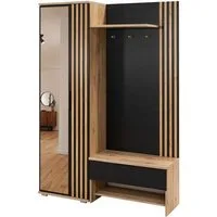 COMBO Kompaktgarderobe 140cm Garderobe Flur Sitzbank Schublade Haken Lamellen modern (Schrankmodul Kleiderstange 2 Regalböden 4 Haken) Komplett Flurgarderobe Sitzbank Schublade Lamellen modern stilvoll