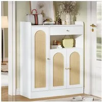 Flieks Schuhschrank Rattan Schuhkommode mit verstellbaren Einlegeböden (B90/T35/H110 cm, 1-St., Schrank für Wohnzimmer, Esszimmer, Flur, Schlafzimmer) Mehrzweckschrank Schuhregal mit 1 Schubladen und 3 Türen Weiß