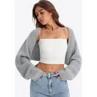 Imily Bela Bolero Damen Cropped Strick Langarm mit Ballonärmeln Offene Kurze Strickjacke (Packung, 1-tlg., 1per-Pack) gehäkelt in Unifarbe