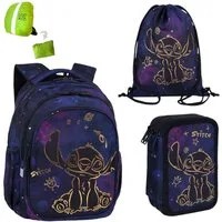 GOLDKIDS Schulranzen für Jungen und Mädchen, 4er-Set - (Schul-Rucksack für Kinder mit Federmäppchen, 1-tlg., - Schuhbeutel und Regenschutz), - Stitch Motiv
