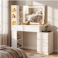 HOMALL Schminktisch LED-Beleuchtete Vitrine mit Kosmetiktisch, Helligkeit einstellbar (Maße: 127 × 40 × 138 cm, 3-stufige Dimmung, mit 5 Schubladen, 5 offenen Ablagefächern, 3 Glasvitrinen, 2 Steckdosen, 1 USB-Anschluss, 1 Typ-C-Anschluss, Seitenschr
