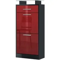 Vladon Schuhschrank Loret V2 (Schuhkipper für 8 Paar Schuhe, mit 2 Klappen, 1 Schublade und Glasablage) Schwarz matt/Bordeaux Hochglanz (46 x 104 x 23 cm)