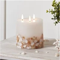 Lights4fun LED-Kerze TruGlow® dreidochtige LED Kerze Echtwachs mit Muscheln