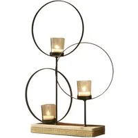 Dekoleidenschaft Windlicht "Ringe" aus Metall schwarz mit Sockel aus recyceltem Holz für 1 oder 3, Teelichter, Teelichtglas, Teelichthalter, Windlichtglas, Kerzenhalter