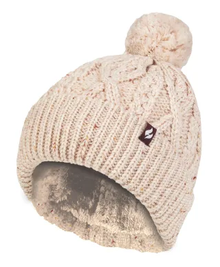 Damen Pom Pom Bommelmütze | Wärmehalter | Modische Chunky Warm Cable Knit Beanie mit Heatweaver Fleece Futter | Salzburg Style - Natural