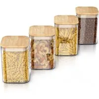 Arendo Aufbewahrungsbecher Glasbehälter-Set 4x 1,2 L Borosilikatglas mit Bambusdeckel, luftdicht, Borosilikatglas, Bambus, Silikon, (Vorratsbehälter-Set, 4-tlg., 4er Set), Hitzebeständig, umweltfreundlich, langlebig, mikrowellengeeignet