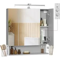 VASAGLE Spiegelschrank Badezimmerschrank Breite 70-90cm, 90° drehbar LED, mit Steckdosen, Haartrockner-Halter