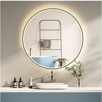 HOKO Badspiegel mit beleuchtung rund Anti-fog 60cm / 80cm+Schwarz / Gold+ (Warmweiß/Kaltweiß/Neutral. Licht mit Touch Schalter und mit Wandschalter einschaltbar. Memory-Funktion. IP44, 5mm HD Glass, Farbtemperatur stufenlos einstellen 2700K-6500K), E