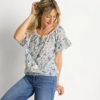 Baumwollbluse mit Rüschenärmeln für Damen, Damen, size: regular, Blau, Baumwolle, by Lands' End