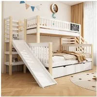 Flieks Etagenbett, Kinderbett 90x200cm+140x200cm mit Tafel, 2 Schubladen, Rutsche, Treppe