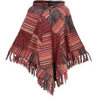 Guru-Shop Strickjacke Patchwork Poncho mit Kapuze und Fransen, Boho.. Ethno Style, alternative Bekleidung