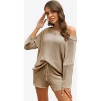 Imily Bela Hausanzug Damen Zweiteiliges Pyjama-Set (Set, 2 tlg., Schulterfreier Strickpullover + Kurze Hose) Einfarbig
