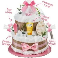 Timfanie Windeln & Wow, Windeltorte Boho Baby-Cake, rosa, 0-5 Monate (37-St., /Set: Premium Pampers + wertige Accessoires), Geschenk zur Geburt & Babyparty
