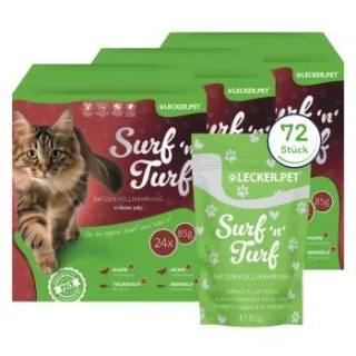 Lyra Pet Lecker.Pet Surf'n'Turf Pouches Katzenfutter in feiner Jelly Nassfutter 4er Mix Multipack 12 Stück