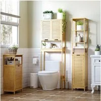 Kleankin Badkommode Badschrank mit 3 offenen Fächer und 1 Schrank (Badmöbel, 1 St., Badezimmerschrank), Natur 34 x 30 x 173 cm