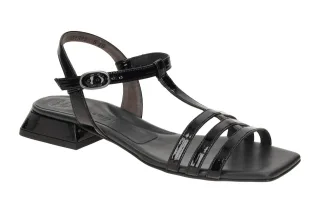 Paul Green Damen Sandalette 6150-02 Schwarz Lackleder T-Steg Blockabsatz