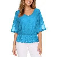 dy_mode Spitzenbluse Damen Sommerbluse mit Spitze Kurzarm Oberteil Einfarbig Transparent in Unifarbe, transparenten Ärmel