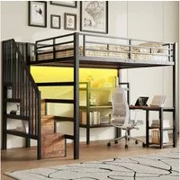 Merax Hochbett 140x200cm mit LED-Licht & USB-Ladestation (Jugendbett, 1-St) Metallbett Kinderbett mit Schreibtisch Treppe Ablagefächern Stauraum