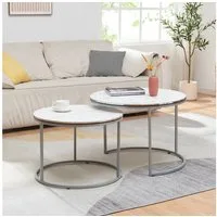en.casa Couchtisch, »Skagen« Beistelltisch im 2er Set rund Marmor, weiß / Silber