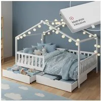 Bellabino Kinderbett Bia mit Rausfallschutz & Lattenrost (weiß, mit zwei Schubladen und Matratze), Kinderbett aus Kiefernholz, verfügbar in 80x160/90/120/140x200 cm