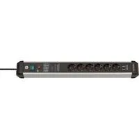 Premium-Protect-Line Steckdosenleiste 6-fach schwarz/aluminium, 3 Meter, 60.000A Überspannungsschutz, 2x USB-A