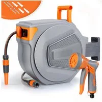 TLGREEN Gartenschlauch Automatischer Schlauchaufroller Wand-Schlauchbox, Schlauchtrommel mit automatischer Aufrollfunktion & Verriegelung, (Grau-Orange & Schwarz-Gelb, für Gartenbewässerung, Autowäsche), 180° schwenkbar, 9-Funktionen Handbrause, (20m