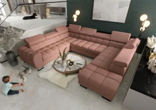 Wohnlandschaft Schlafsofa BASTIEN XL in Stoff Moly Altrosa Ottomane Rechts