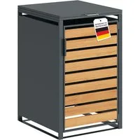 STEELSØN Mülltonnenbox Kestra 240L aus verzinktem Stahl (Anthrazit/Holz, verfügbar mit 1, 2, 3, 4, oder 5 Türen), für 1 Tonne, mit Sichtstreifen Holzoptik