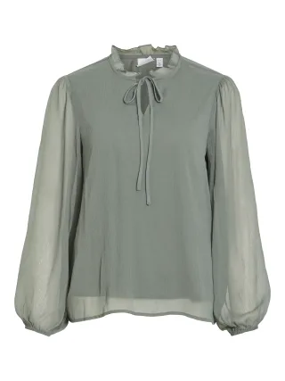 VILA - VIFALIA V-NECK TIE L/S TOP Balsam Green - Gr. - 38
