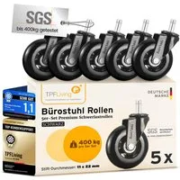TPFLiving Stuhlrolle TPFLiving Bürostuhlrollen - Stuhlrollen Premium - 10 Jahre Garantie, (5-St., 5er Set Rollen für Bürostuhl 11x22mm - Invictus ProGlide schwarz), Von uns entwickelt für höchste dynamische Belastungen bis 400 kg