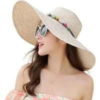 Zaewry Strohhut Damen Strohhut mit großer Krempe und Schleife, faltbar, für Sommer