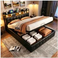 Gdood Polsterbett Stauraumbett Doppelbett LED (1 tlg., Inkl. Bettkasten), Mit LED-Beleuchtung, Ladefunktion, PU, 140x200 cm