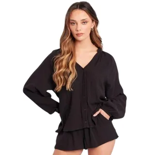 Influence - Set Oberteil & Shorts für Damen, V-Ausschnitt, Langärmlig (Schwarz)