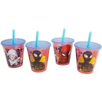 Spiderman Becher Kinder Becher Set 4 teilig 285 ml Becher mit Trinkhalm, 4-tlg.