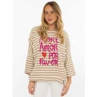 Zwillingsherz Streifenpullover "More Amor Por Favor " gestreift, Rundhals, große Aufschrift