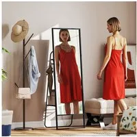 HOMCOM Standspiegel Moderner Ganzkörperspiegel mit Rückwand, Splitterschutzfolie (rechteckiger freistehender Spiegel mit 2 Haken, 1-St., für Schlafzimmer, Wohnzimmer, Umkleideraum), 50 x 38 x 157 cm, Schwarz