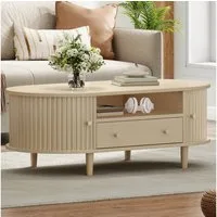 Merax Couchtisch Ovaler Kaffeetisch Sofatisch Beistelltisch (1-St), Wohnzimmertisch mit Schublade,Rolltüren & offenem Stauraum,100x50x36cm