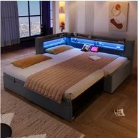 Merax Daybett 90x200cm/180x200cm mit LED-Beleuchtung, USB & Typ-C (Sofabett Jugendbett Einzel- & Doppelbett, 1 tlg), Tagesbett mit Ausziehbett und Staufächern,Schlafsofa,Doppelbett,Leinen