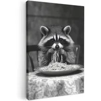 OneMillionCanvasses® Leinwandbild Waschbär - Niedlich - Pasta - Tischtuch - Schwarz - Weiß, Fotodruck (1 St), Wandbilder für Esszimmer, Wanddeko Bilder Küche 20x30 cm