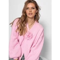 SASSYCLASSY Cardigan Strickjacke mit Blumenapplikation für Damen Femininer Cardigan aus softem Strick mit V-Ausschnitt und Ballonärmel