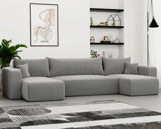 Wohnlandschaft mit Schlaffunktion Schlafsofa LUNA in Stoff Poso Hellgrau